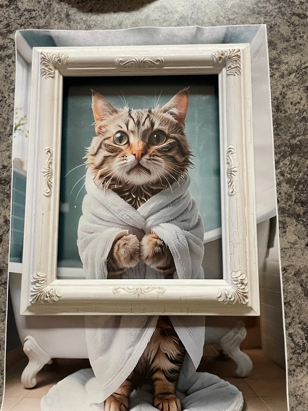 Faux canvas bathroom art. Very cute picture , in a frame or just the poster.